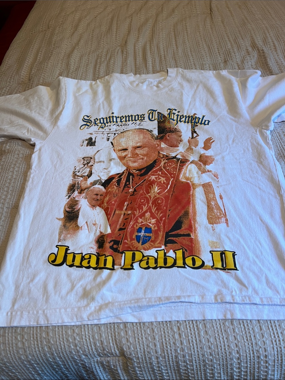 White Long Sleeve Juan Pablo II Graphic Tee - Religious Portrait Design